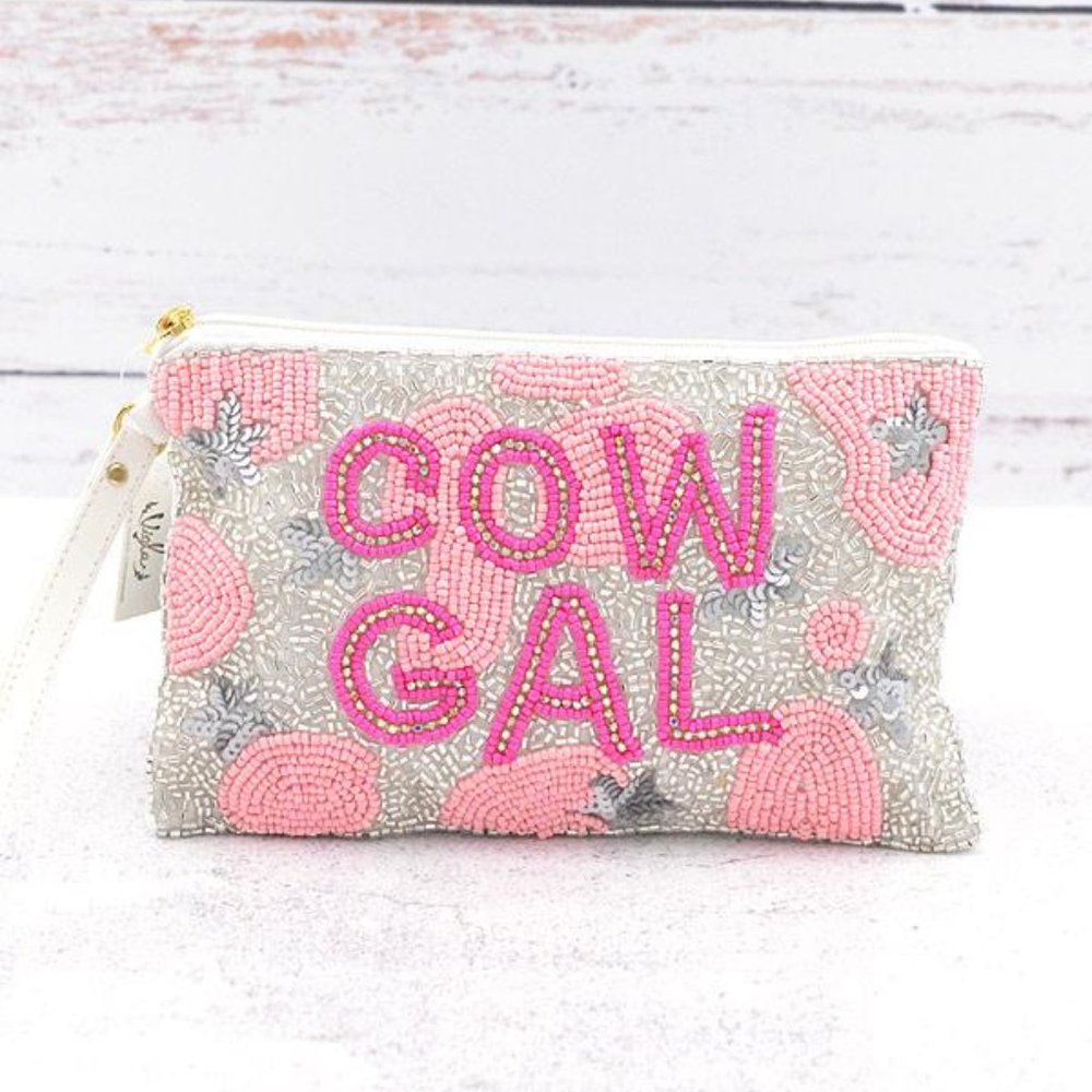 Beaded Cowgal Wristlet Bag Pink Silver Star Hat Handbag NEW